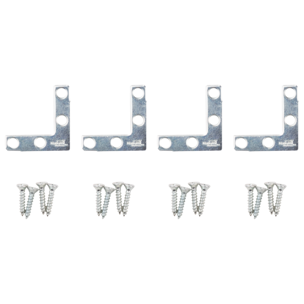 Set of four zinc flat corner irons with screws for reinforcing wood joints in building hardware and lumber collections