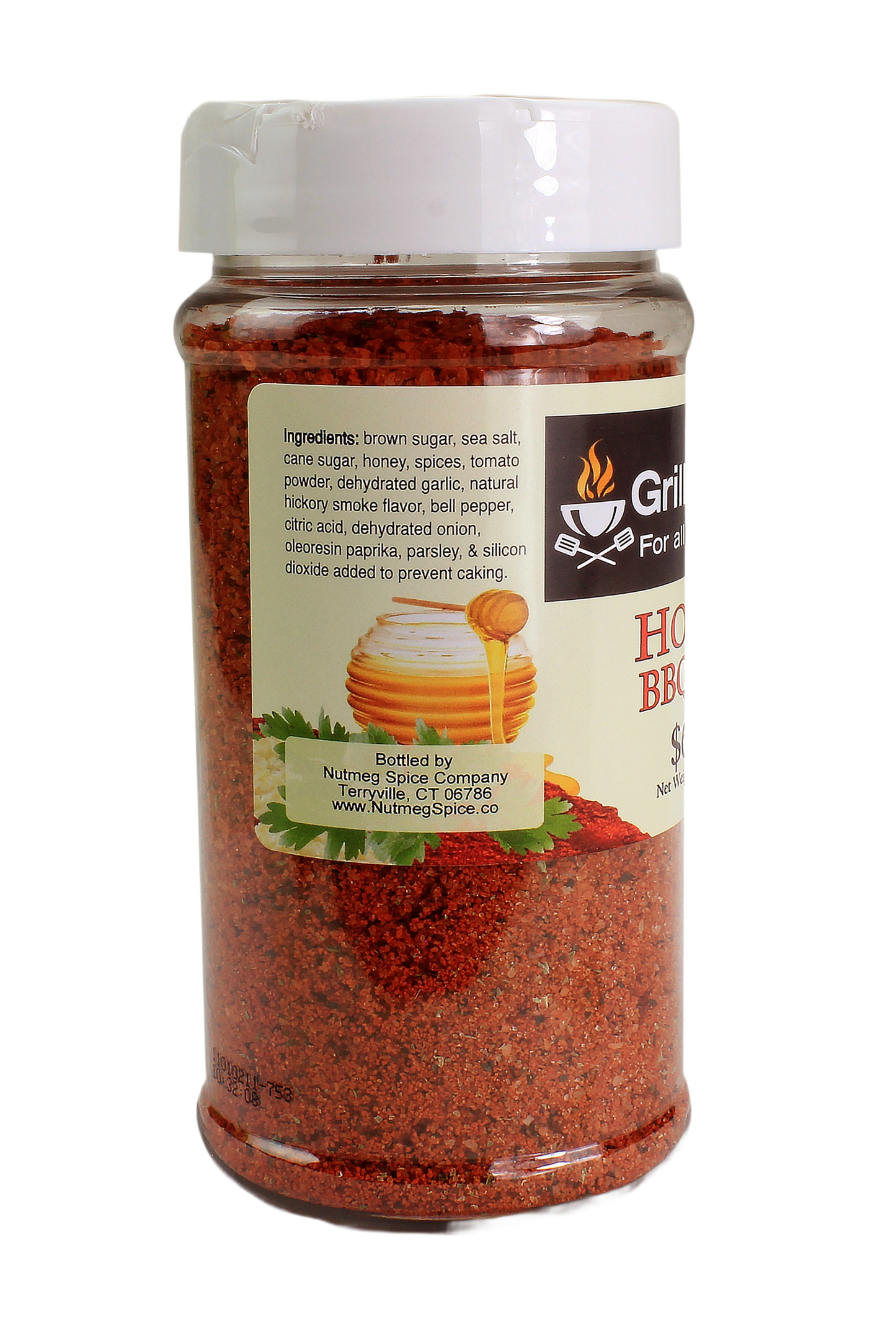 Clear plastic jar of reddish honey BBQ rub with label showing ingredients and honey dipper under grilling spices collections