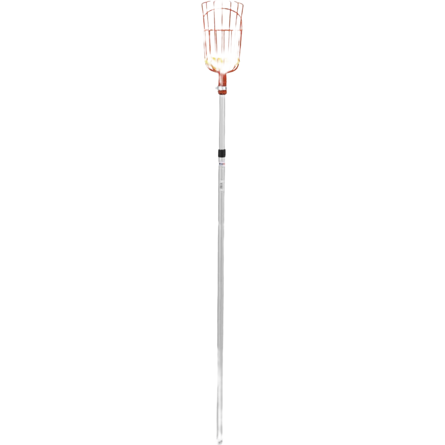 Extendable pole with copper-colored metal basket fruit picker designed for efficient garden harvesting tasks