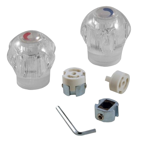 Clear acrylic faucet handles with red and blue indicators plus mounting hardware for plumbing repair and faucet parts under $50