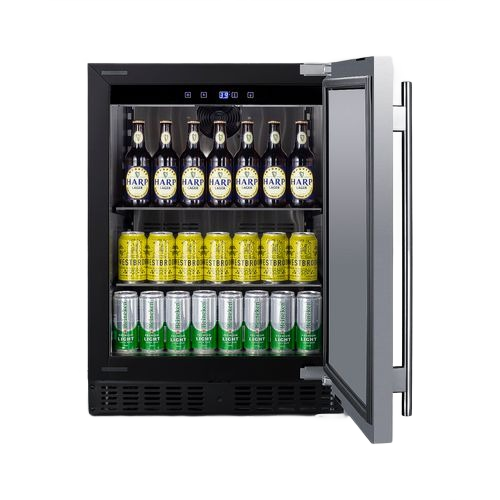 Open 24-inch wide built-in all-refrigerator with left hinge showing stocked shelves in Refrigerators and Appliances collections