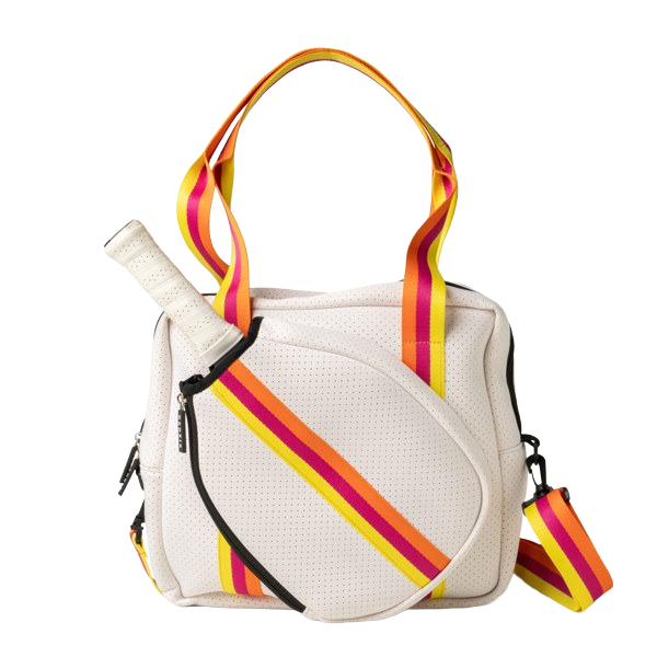 Cream ventilated neoprene tote with colorful striped handles and zippered racquet sleeve in Accessories and Bags & Wallets under $100 collection