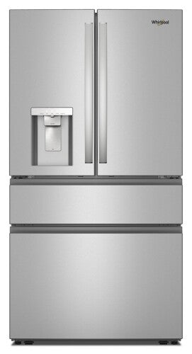 Stainless steel French door refrigerator with water dispenser and dual freezer drawers from kitchen appliances collection