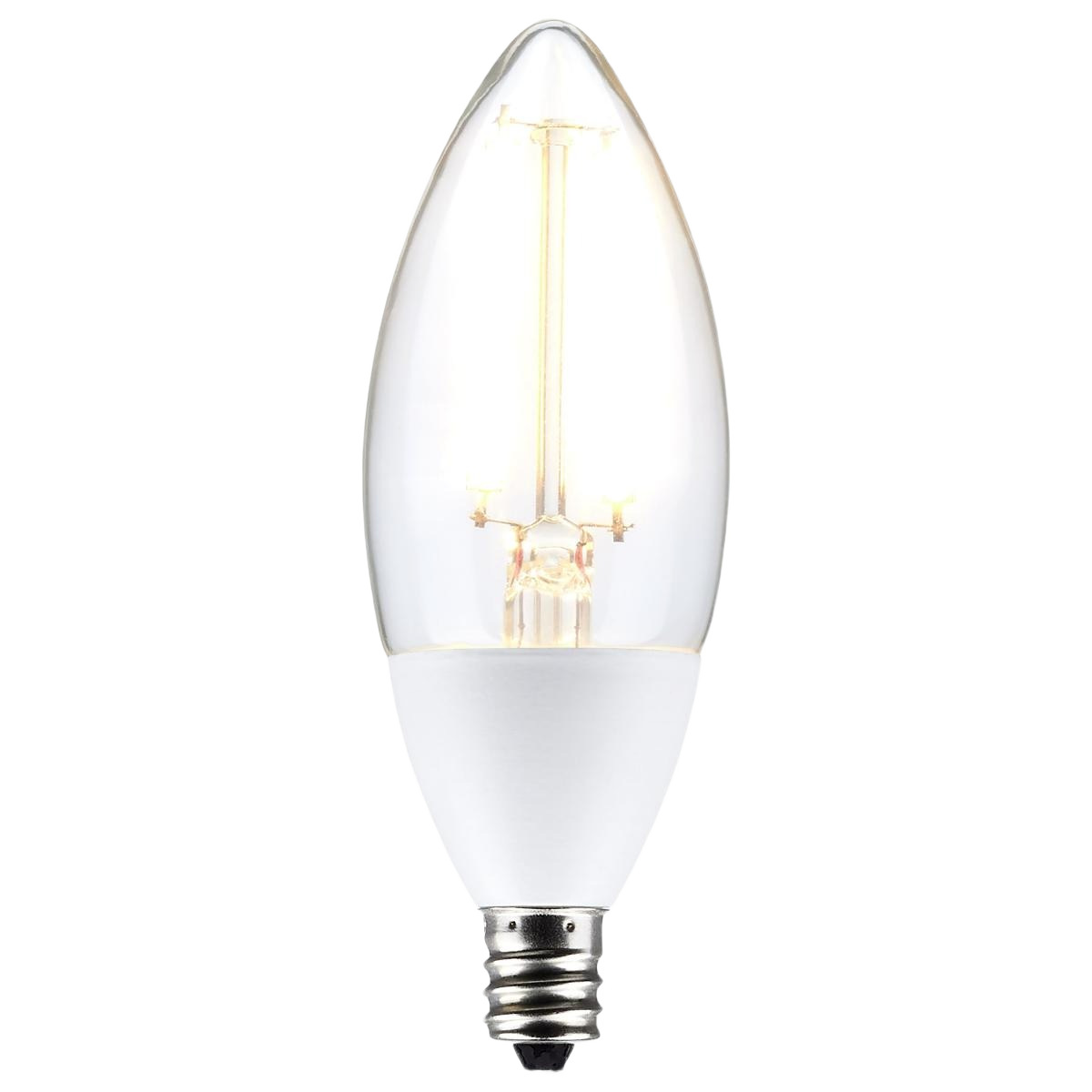 Clear B11 LED dusk-to-dawn candelabra bulb with visible filaments for energy-efficient home lighting under $50