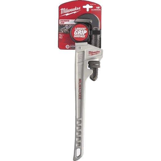 18-inch aluminum pipe wrench with large grip surface in retail packaging for home improvement tools and repairs