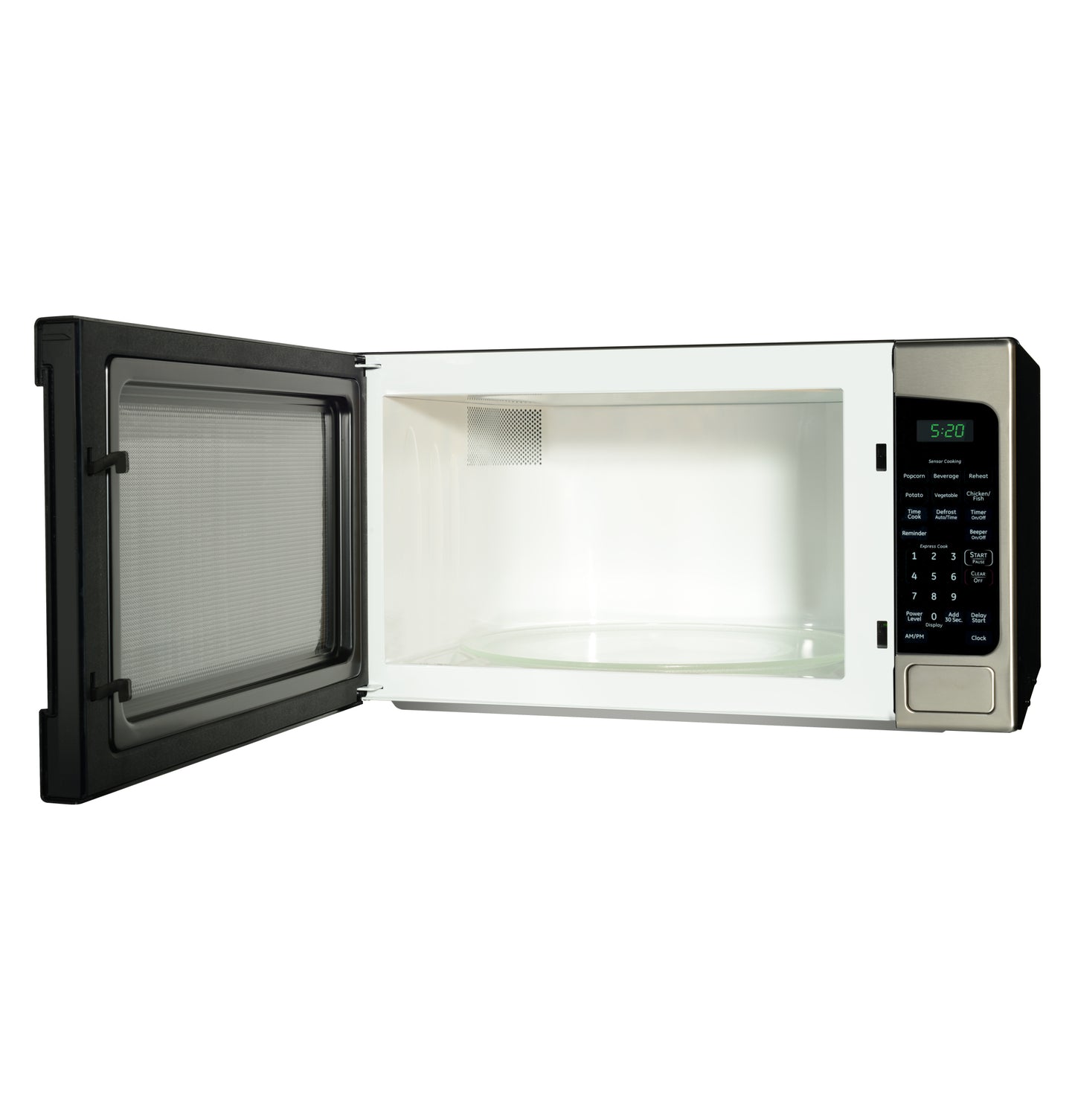 Countertop microwave oven with stainless steel accents and digital control panel displaying time in kitchenware setting