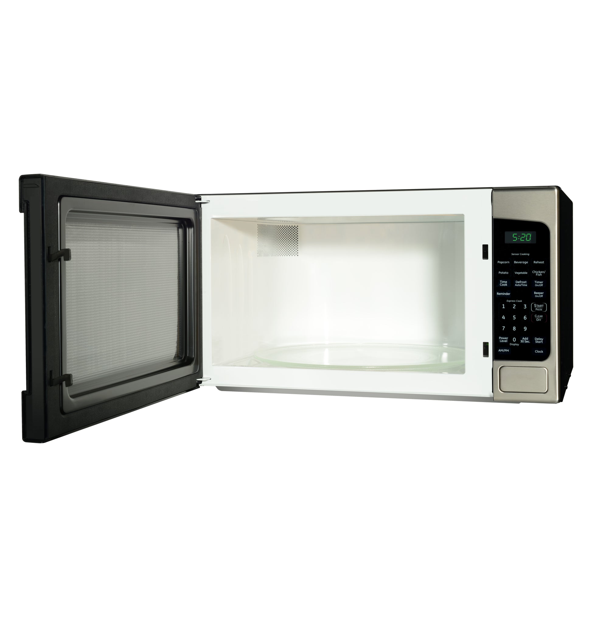 Countertop microwave oven with stainless steel accents and digital control panel displaying time in kitchenware setting