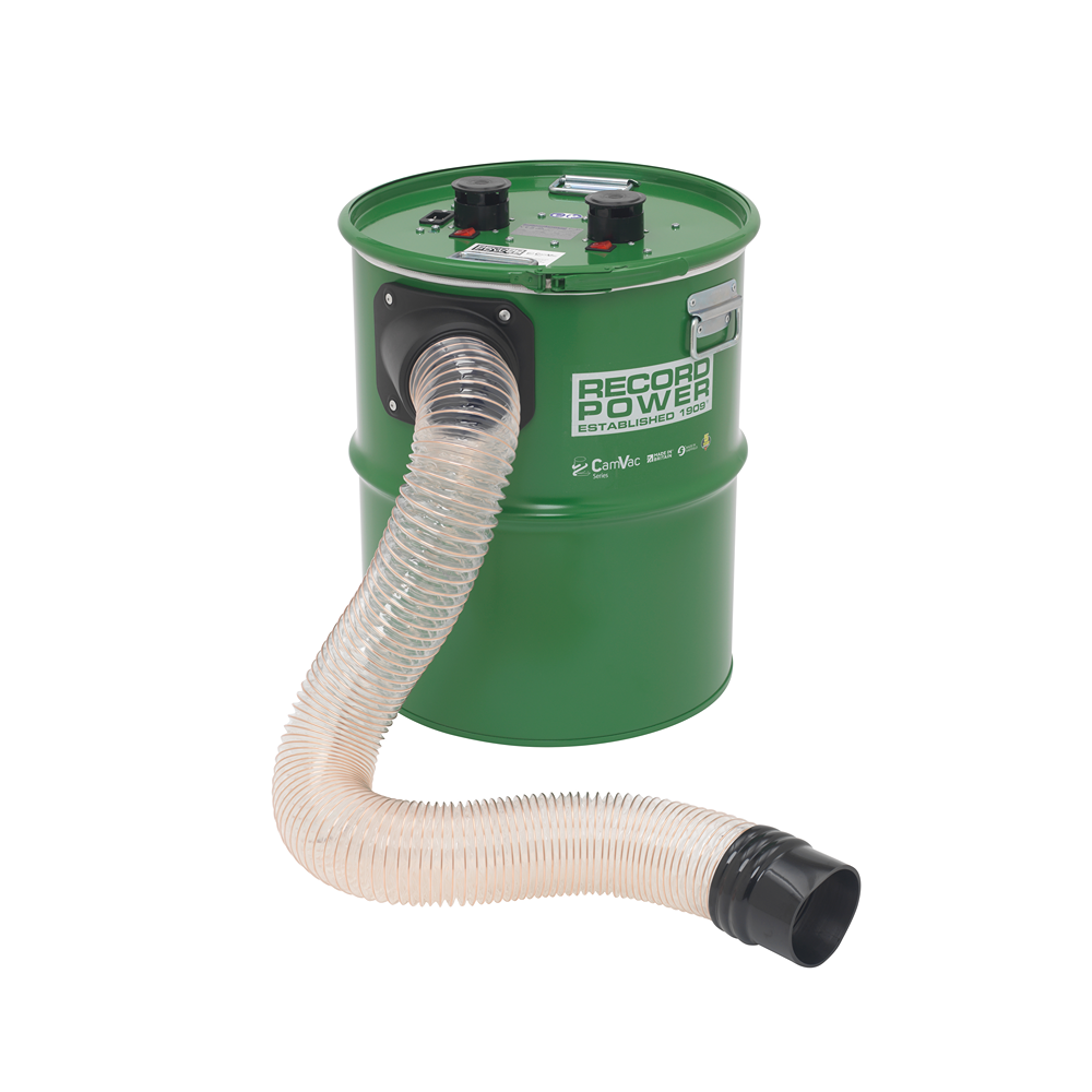 Green cyclonic dust extractor with twin motors and flexible hose for woodworking and home improvement tasks