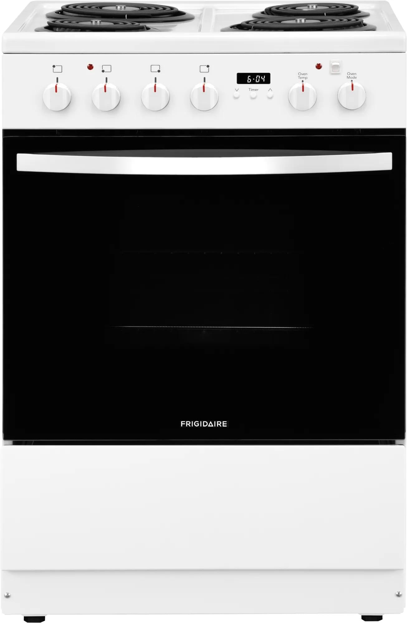 white freestanding electric range with coil burners and digital timer control in kitchen appliances collection