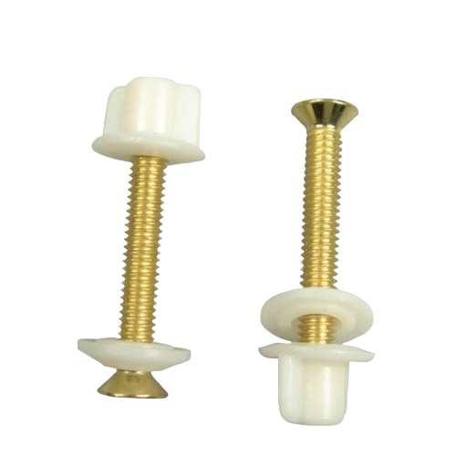 Pair of brass hinge bolts with white plastic washers and caps for toilet seat installation and home improvement tasks