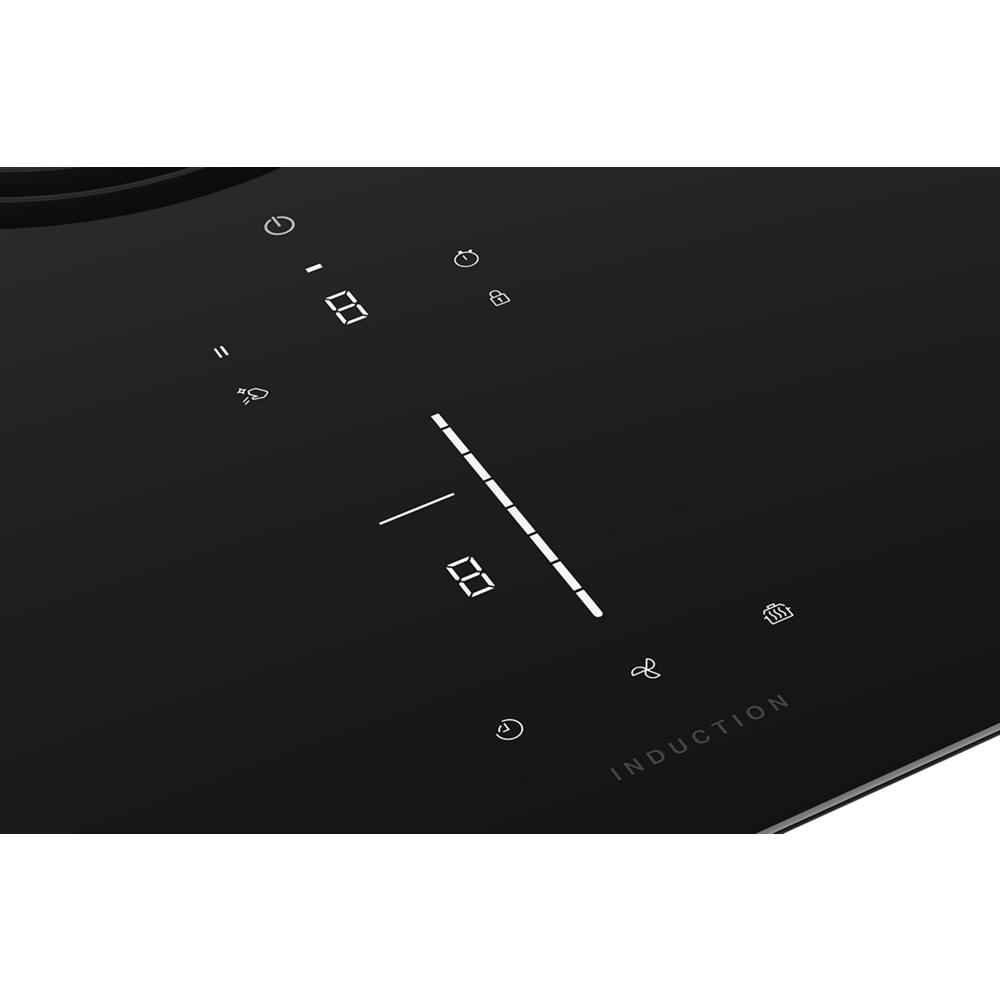 Close-up of sleek black induction cooktop touch controls with digital display and bridge zone indicator panel.