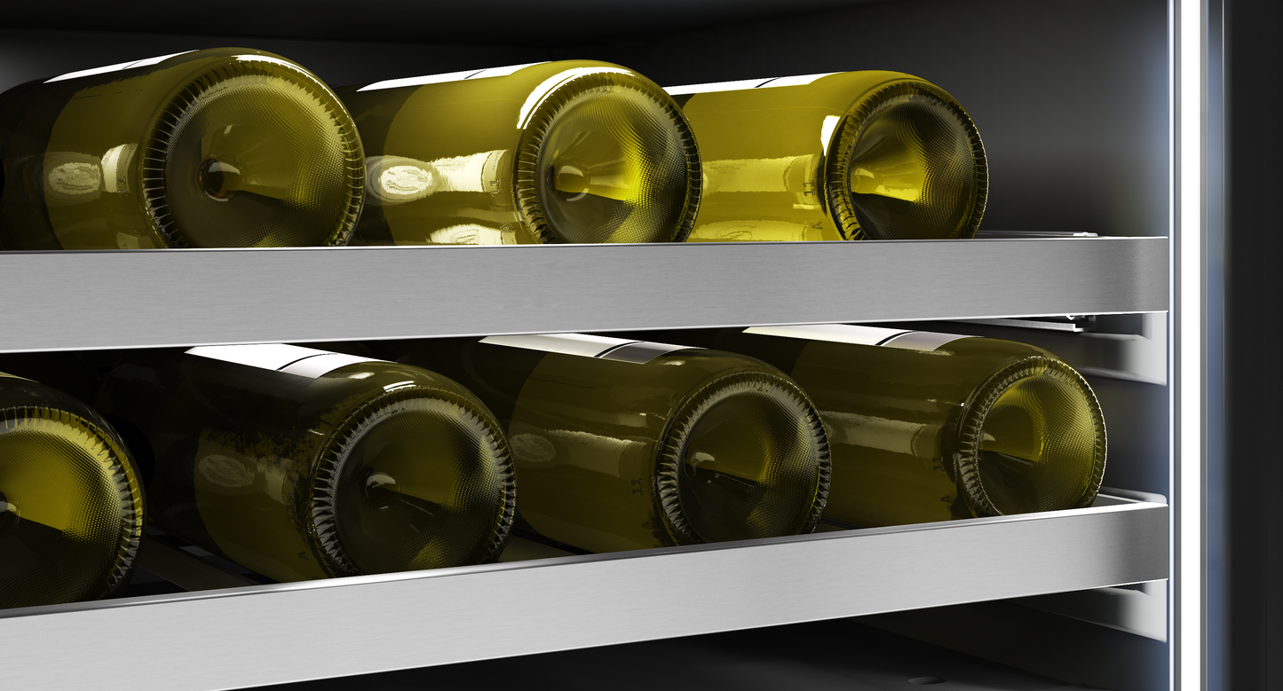 Close-up of wine bottles stored horizontally on full-extension wood racks inside a stainless steel beverage cooler