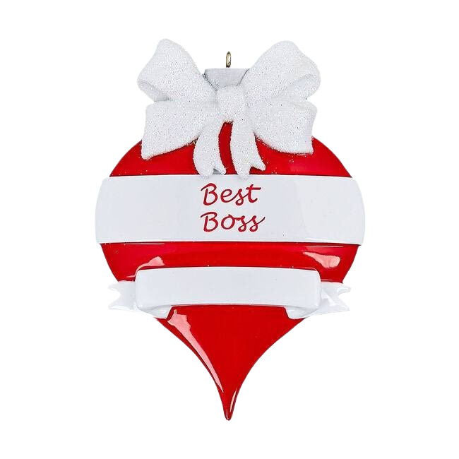 Red teardrop ornament with white bow and "Best Boss" text for Christmas Ornaments & Tree Decorations under $50 collection