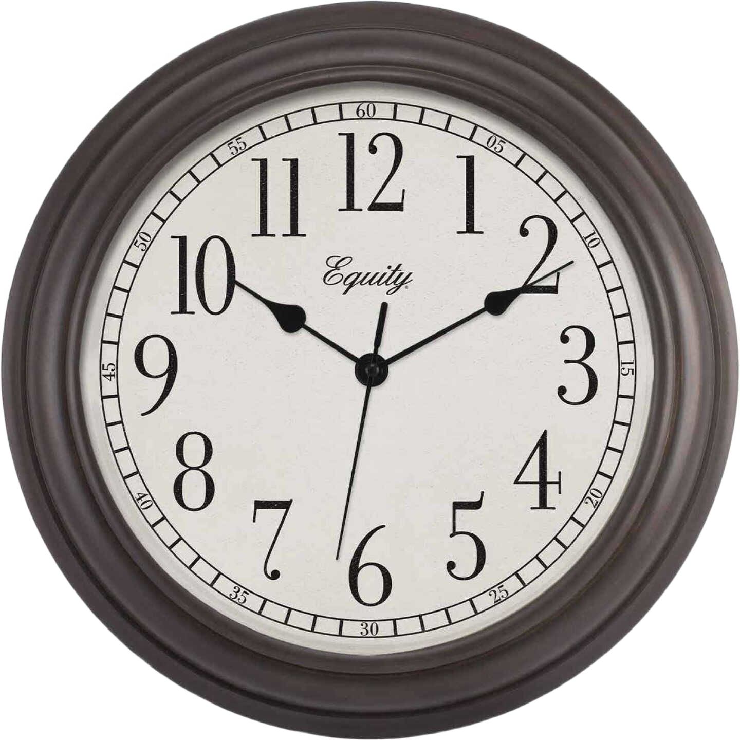 Round wall clock with dark brown frame and clear black numerals on white face for home organization and decor