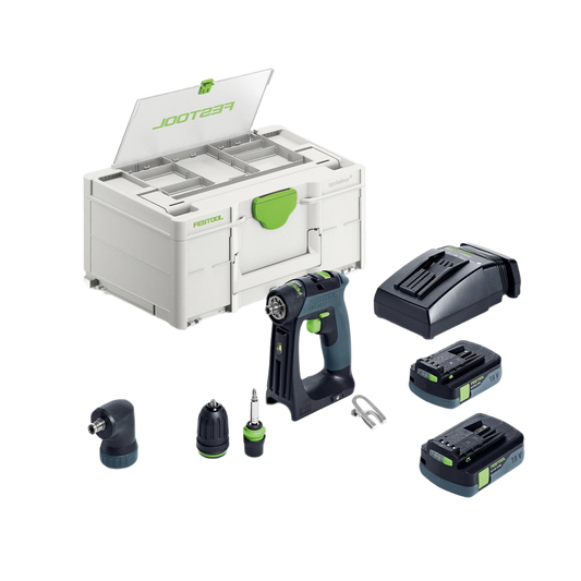 Compact cordless drill kit with multiple drill attachments, two batteries, charger, and storage case for tools and home improvement tasks