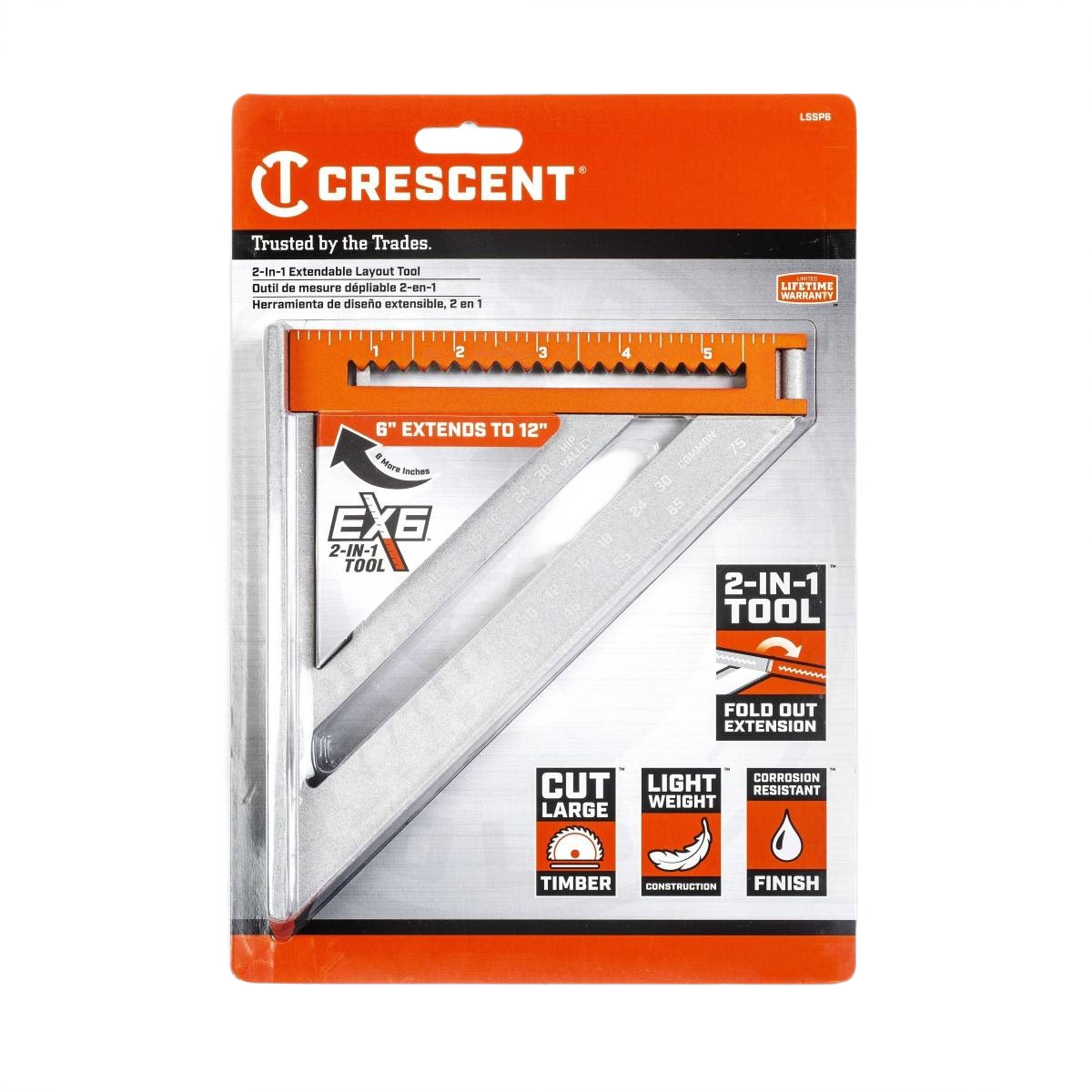 Crescent 6-inch extendable 2-in-1 rafter square with fold-out arm, corrosion-resistant finish, for woodworking and measuring tools