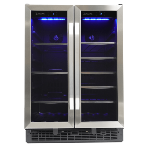 24-inch stainless steel beverage center with dual French doors, LED interior lighting, and adjustable glass shelves in Appliances collection