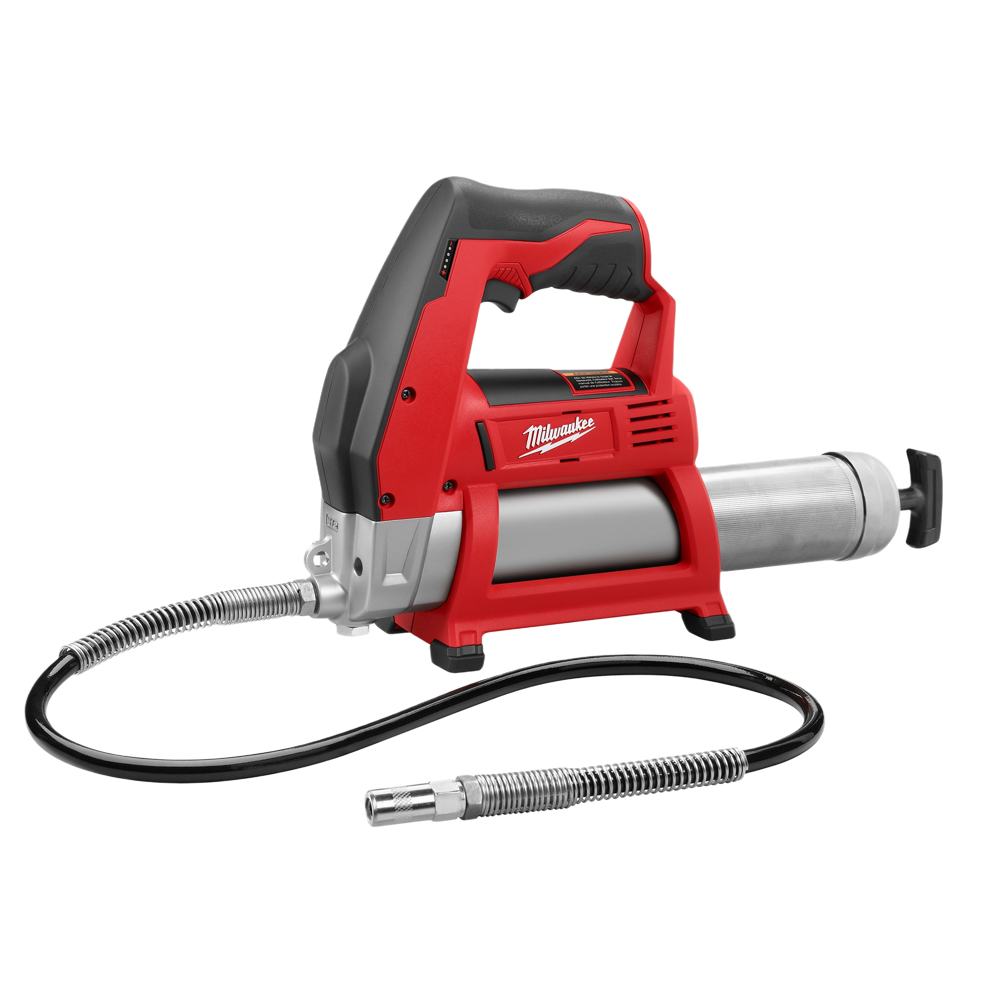 Red and black cordless grease gun with flexible hose and ergonomic grip for tools and home improvement use