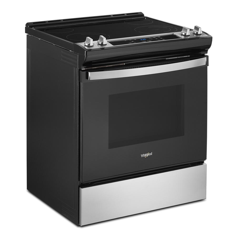 Black electric slide-in range with stainless steel accents and digital controls from Ranges & Kitchenware collection