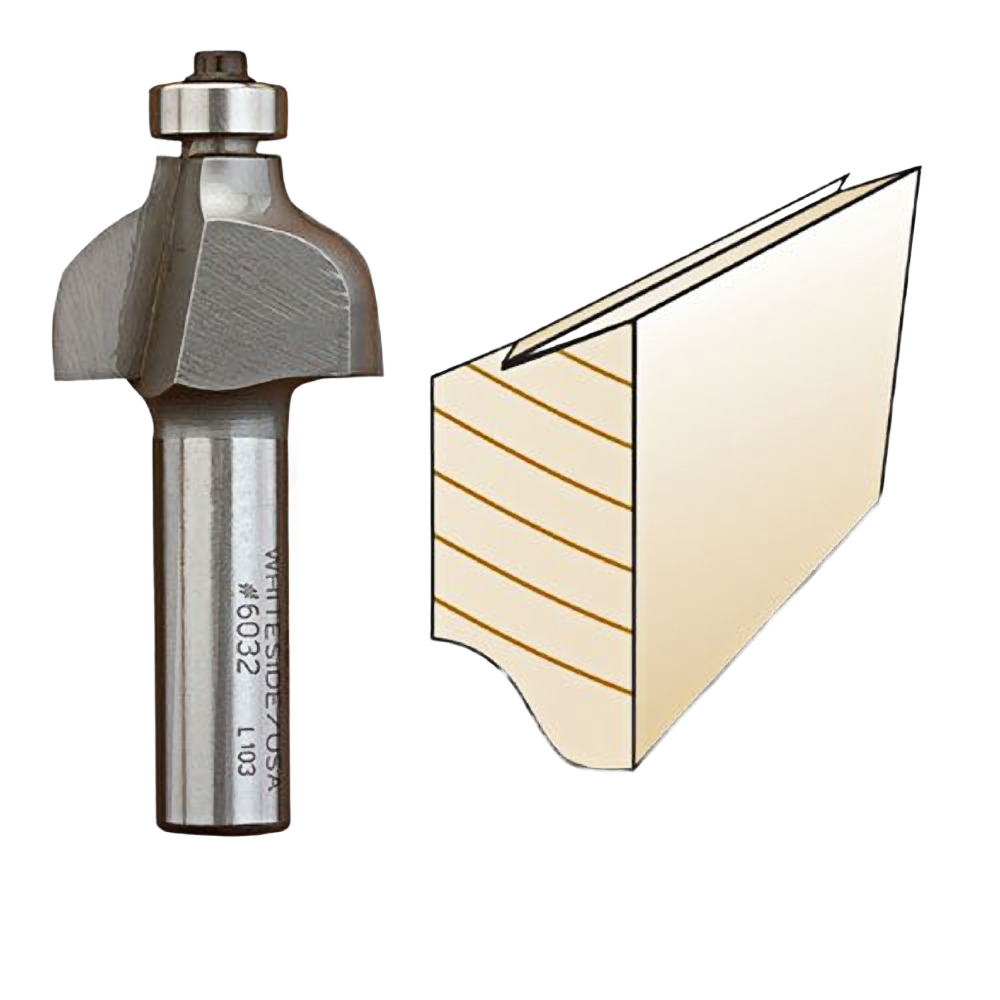 Whiteside drawer edge finger pull bit next to illustration of finger pull groove on wood edge for tool accessories.