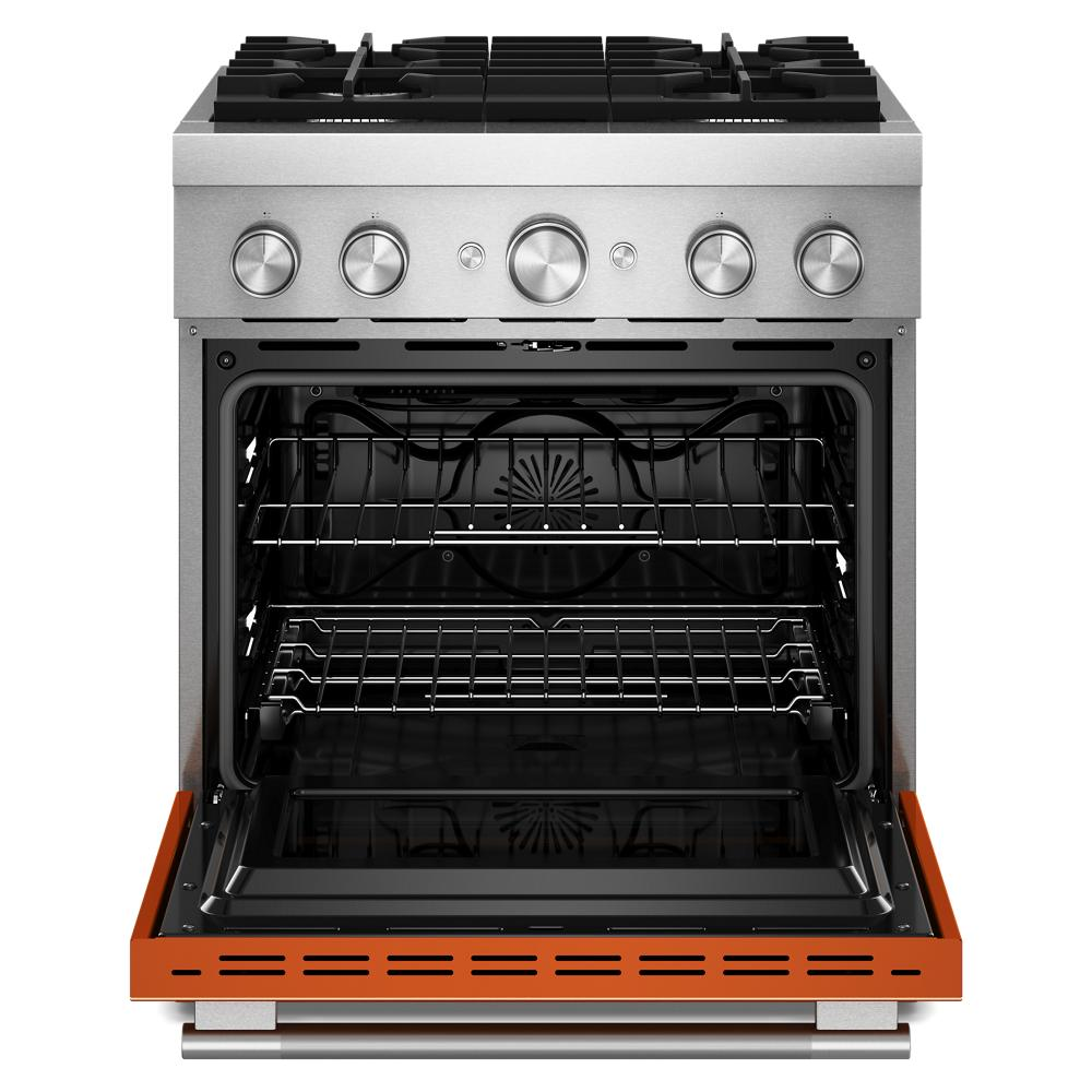 Front view of stainless steel commercial-style dual fuel range with open oven door and four gas burners