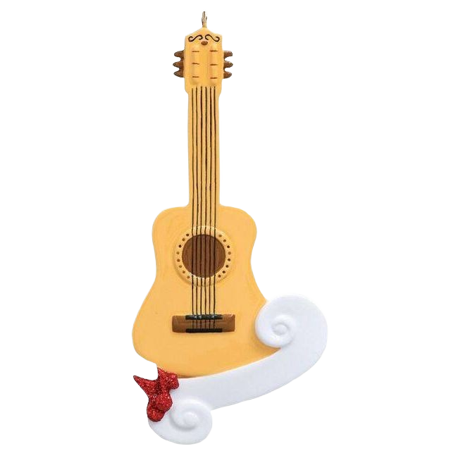 Wooden classical guitar ornament with red glitter music notes and white decorative swirl, Christmas under $50 collection