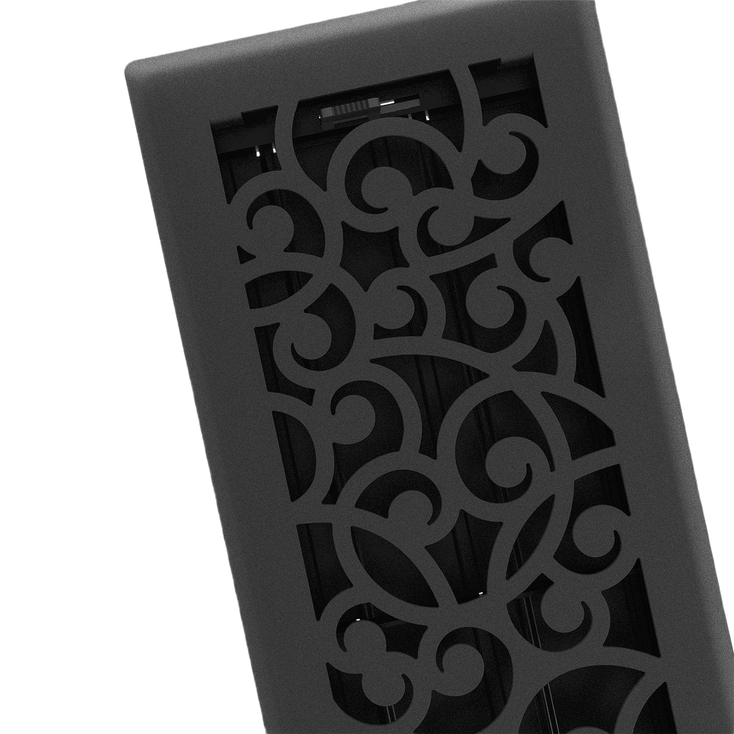 Black iron floor register with ornate scrollwork pattern for plumbing and home improvement projects under $50 collection