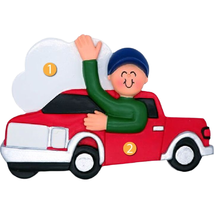 Smiling male figurine waving from red truck ornament for Christmas Ornaments & Tree Decorations collection