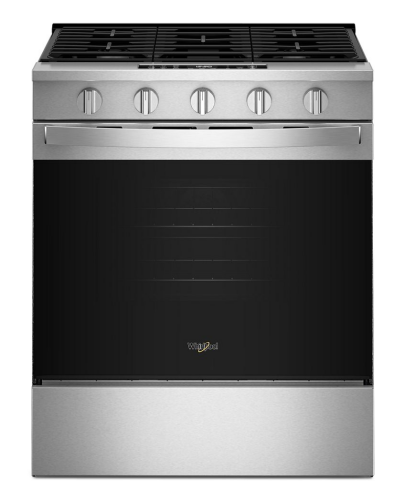 Front view of stainless steel 30-inch gas range with five control knobs and black glass oven door from Ranges collection