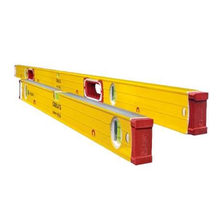 Two yellow magnetic spirit levels with red end caps for woodworking and measuring tools in hand tool sets