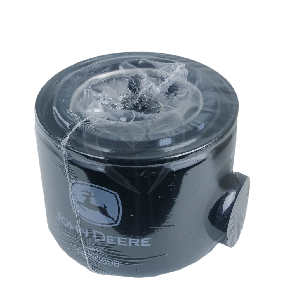 Black John Deere fuel filter element wrapped in plastic for machinery maintenance and replacement parts collection