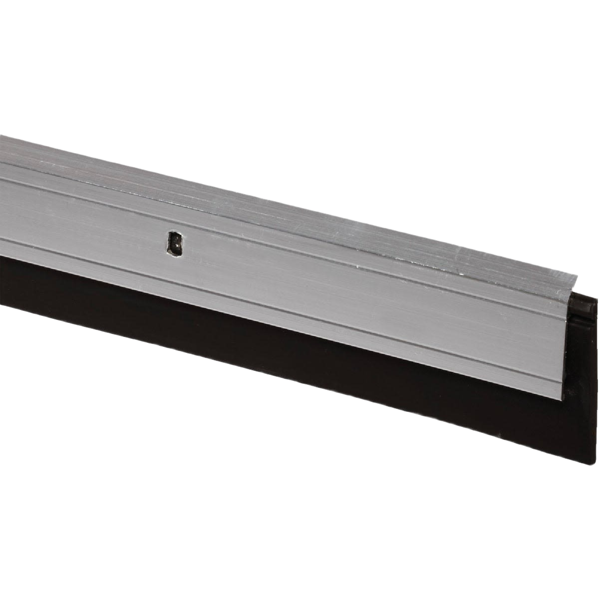 Silver commercial door sweep with black thermoplastic rubber seal for draft and moisture protection in hardware and home improvement.