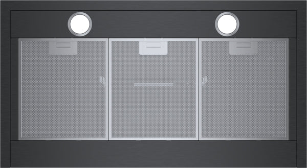 Black stainless steel wall-mounted range hood with three mesh filters and two built-in halogen lights turned on