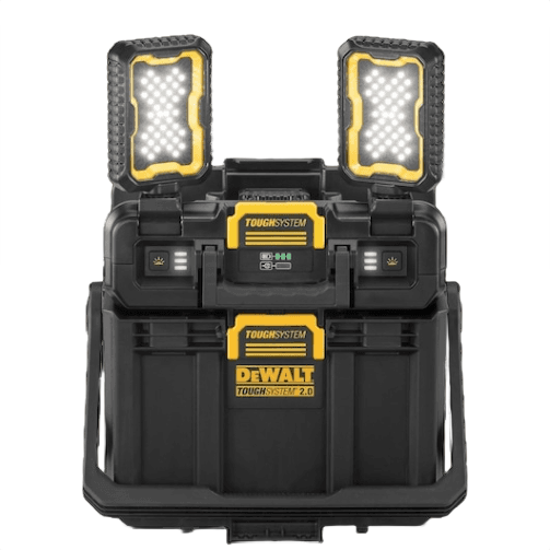 Black and yellow DEWALT work light with dual pivoting LED heads integrated into a durable storage system for home improvement tasks