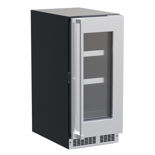 Compact 15-inch built-in beverage center with stainless steel frame, glass door, adjustable shelves, part of kitchen appliances collection