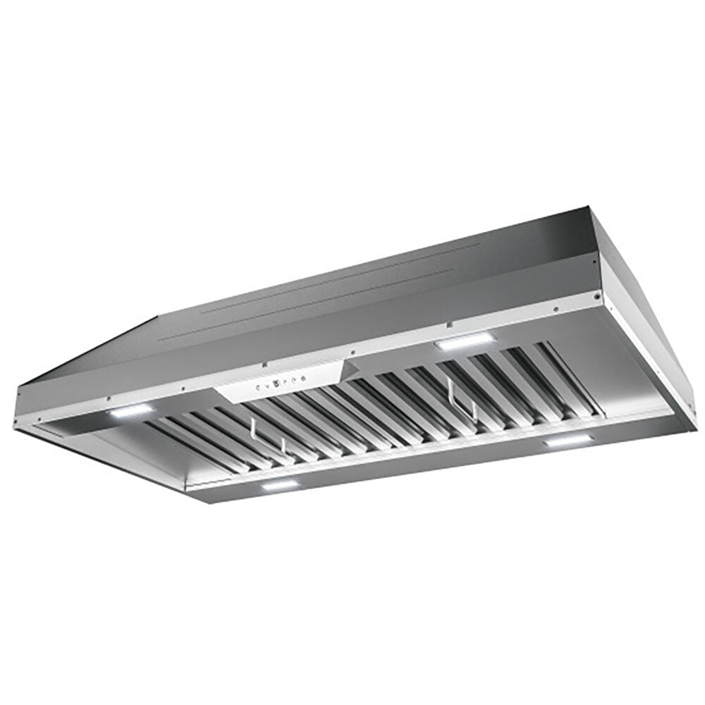 Stainless steel 34-inch insert range hood with LED lighting and ACT technology, designed for kitchen ventilation and home improvement.