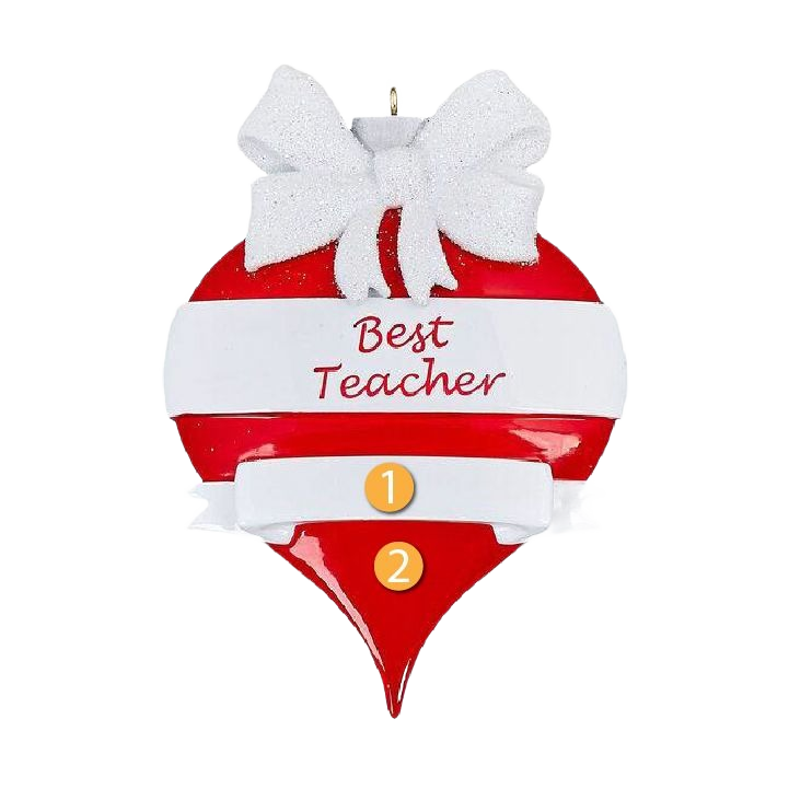 Red and white teardrop ornament with glitter bow and "Best Teacher" text for Christmas Ornaments & Tree Decorations under $50 collection