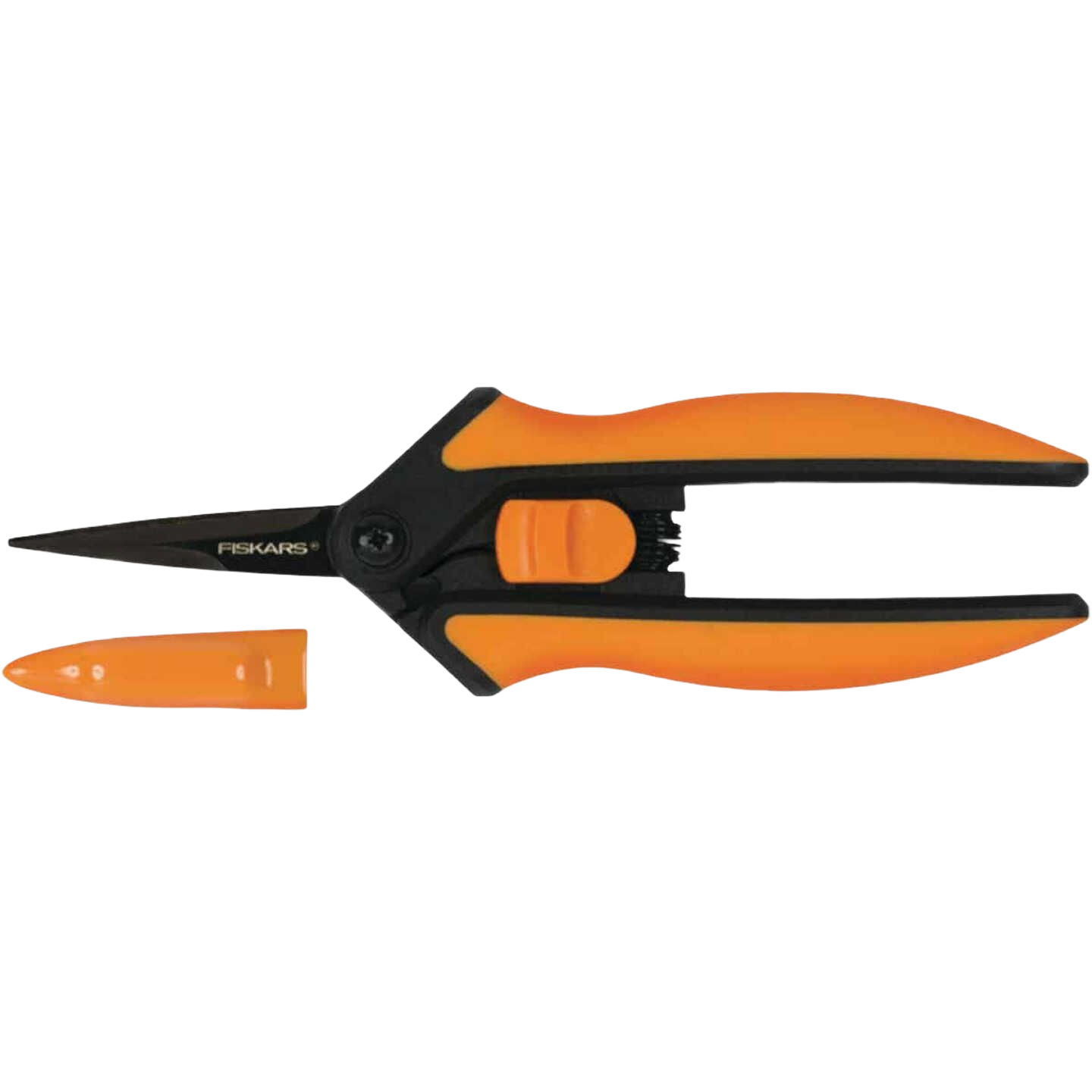 Orange and black micro-tip pruning snips with removable protective cap for precise cutting in gardening and home improvement tasks