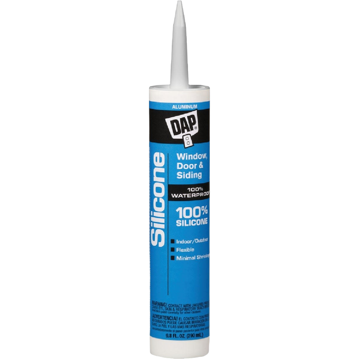 Blue and white cartridge of silicone sealant for windows, doors, and siding in home improvement projects