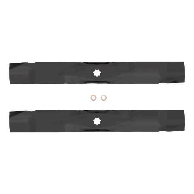 Two black steel mulching blades with central mounting holes and included hardware for lawn mower maintenance tasks
