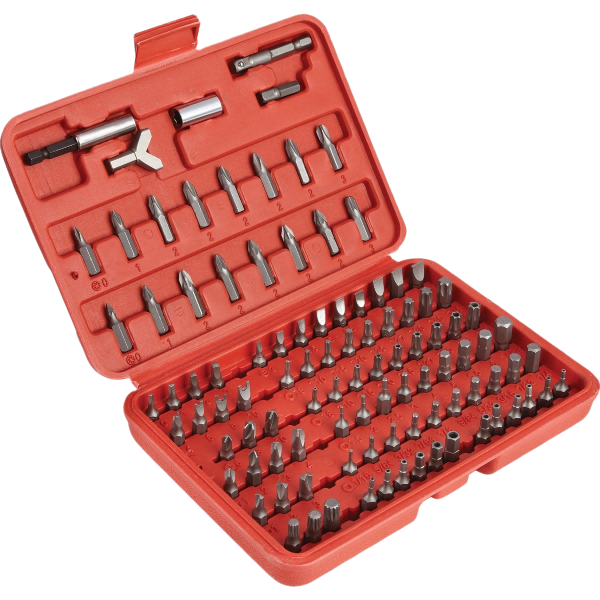 Open red plastic case with organized screwdriver bits and magnetic holders for woodworking and fastening tool accessories collection