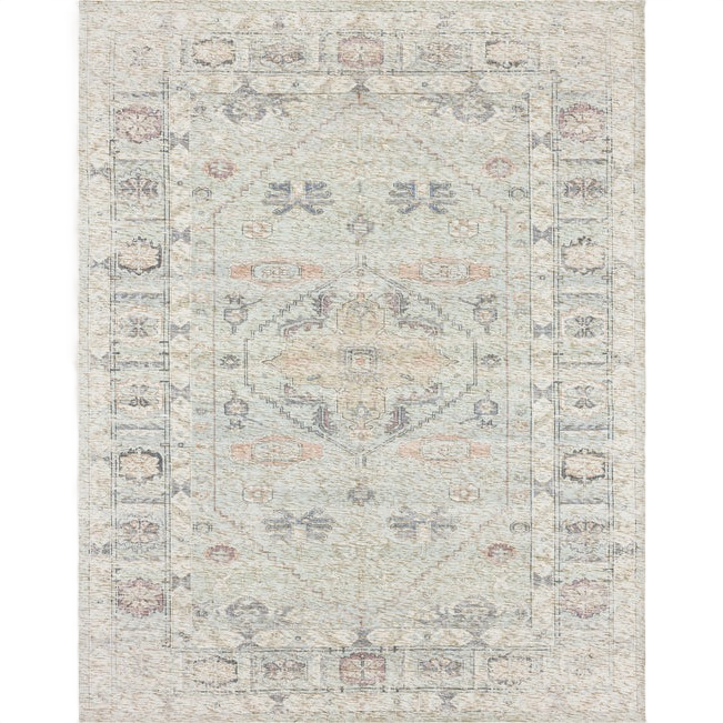 Light teal decorative rug with subtle floral and geometric patterns for stylish home decor use