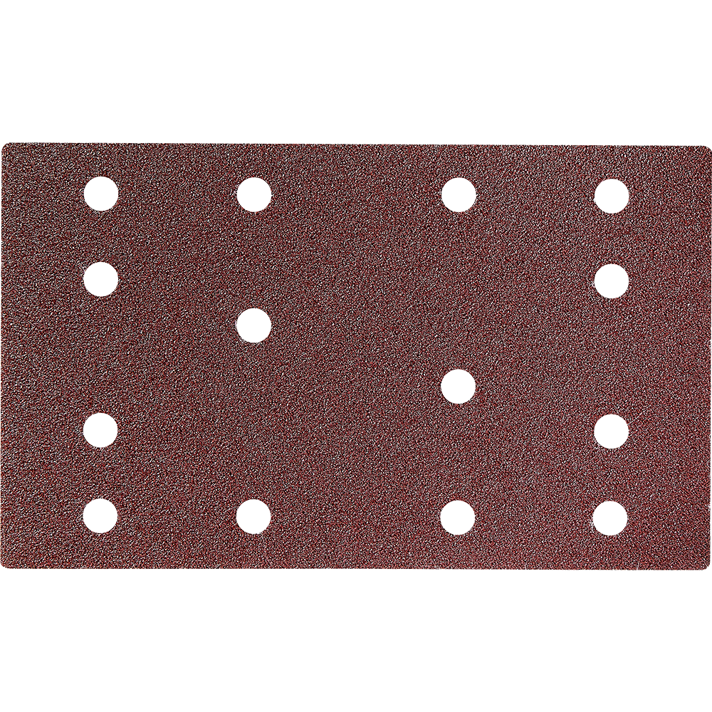 Brown rectangular abrasive sanding sheet with evenly spaced round holes for dust extraction in tools and home improvement.