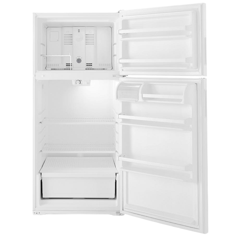 Open white top-freezer refrigerator showing multiple door shelves, crisper drawer, and freezer compartment interior