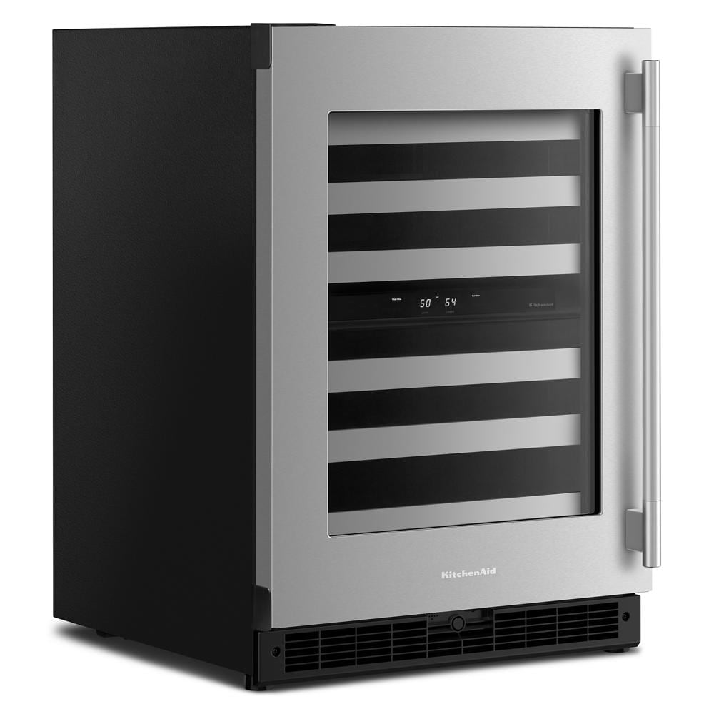 24-inch KitchenAid undercounter wine cellar with stainless steel frame, glass door, and metal-front racks at Hartville Hardware