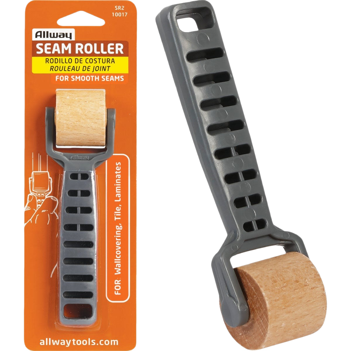 Seam roller with wooden wheel and gray handle designed for smoothing wallpaper and laminates in home improvement tasks