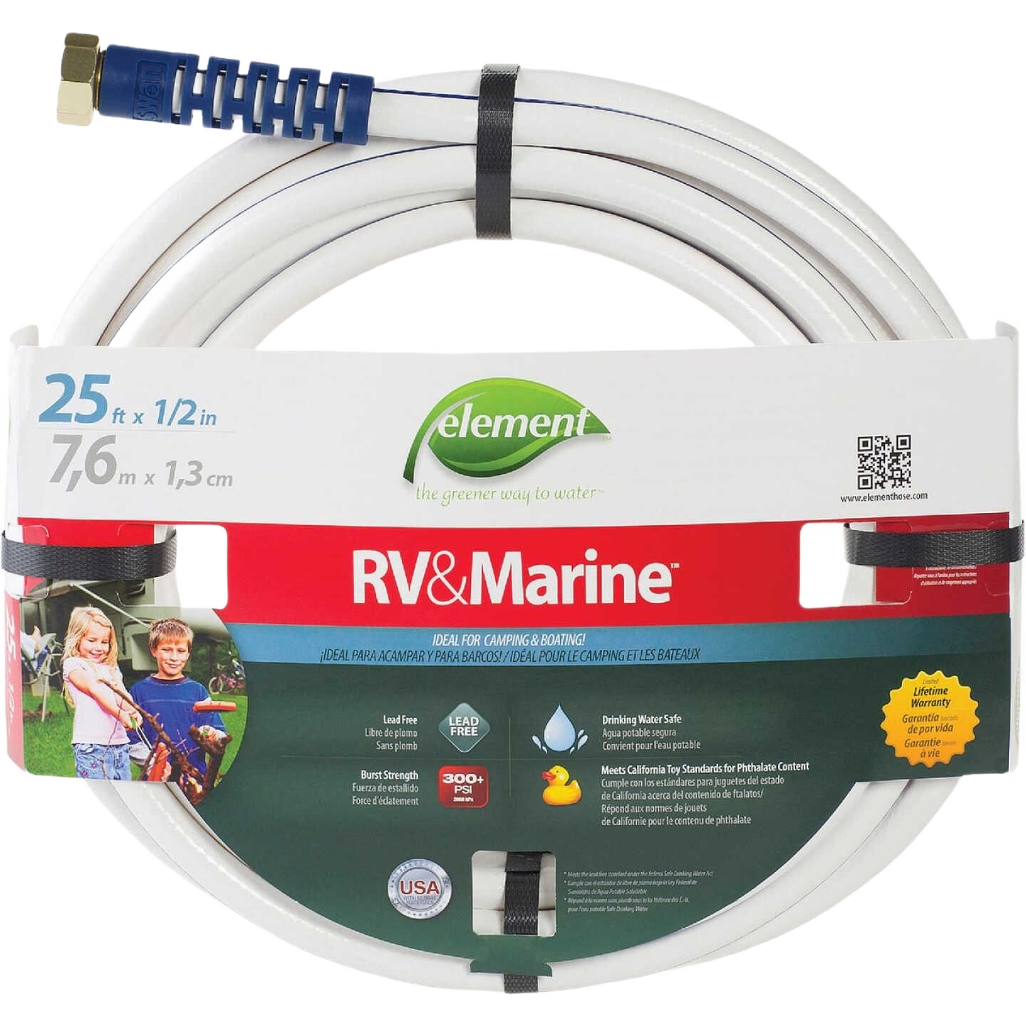 Coiled white RV and marine hose with brass fittings, packaged for watering and irrigation in lawn and garden use under $50