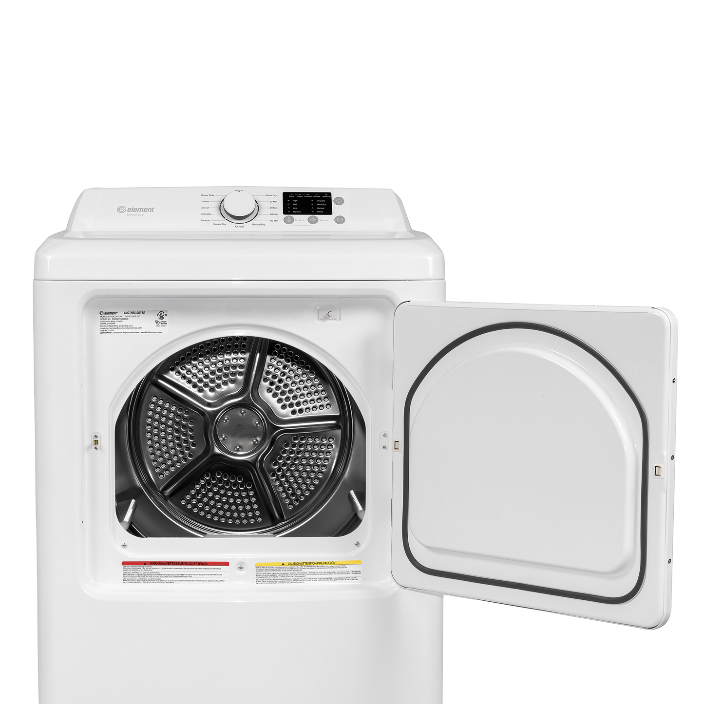 White front load gas dryer with open door and digital controls in Dryers and Appliances collections