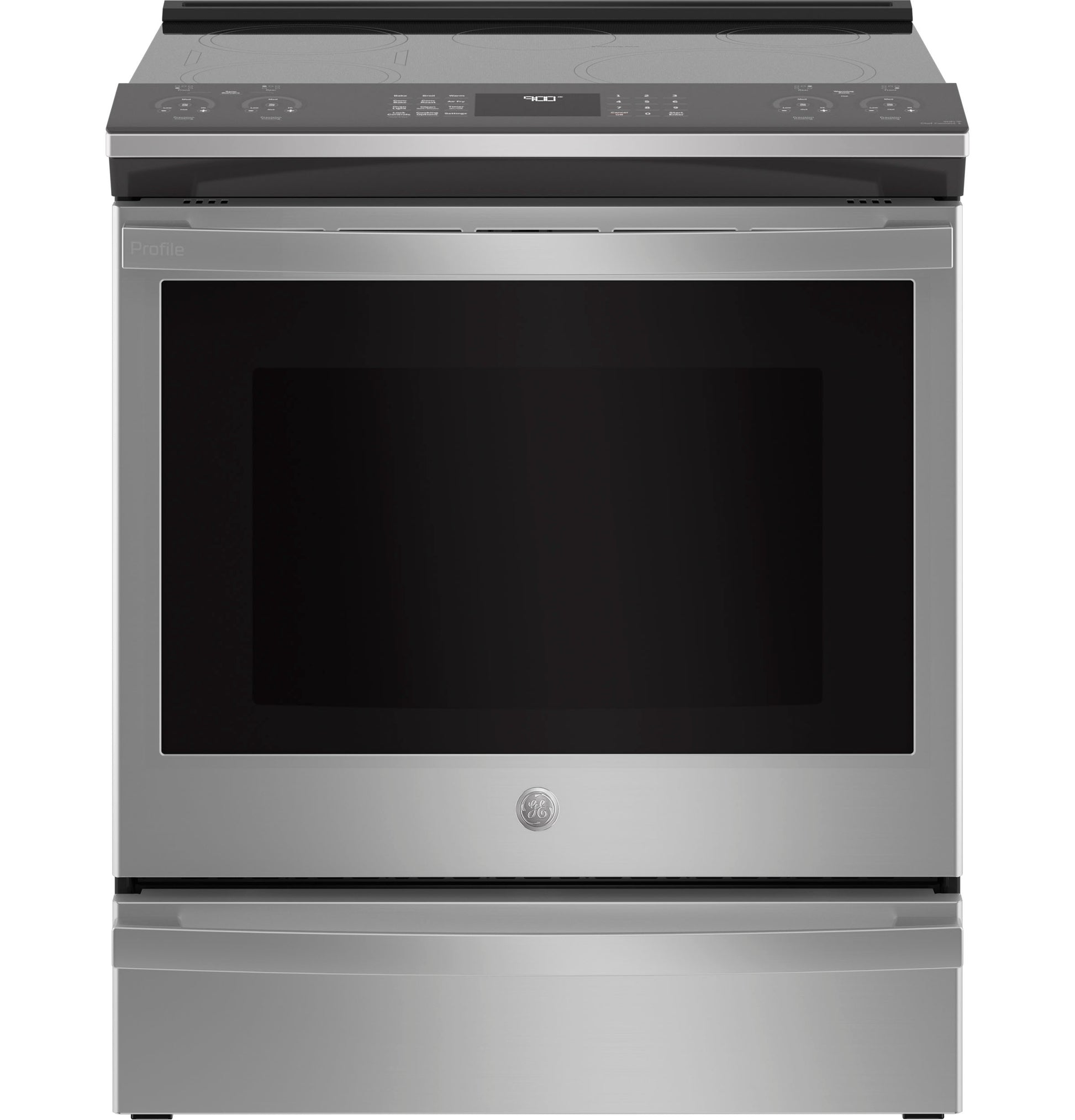 Stainless steel smart slide-in induction and convection range with fingerprint resistant finish in kitchen appliances collection