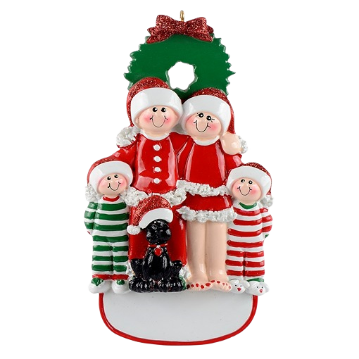 Family of four figurines in holiday pajamas with black dog and green wreath for Christmas Ornaments & Tree Decorations under $50 collection